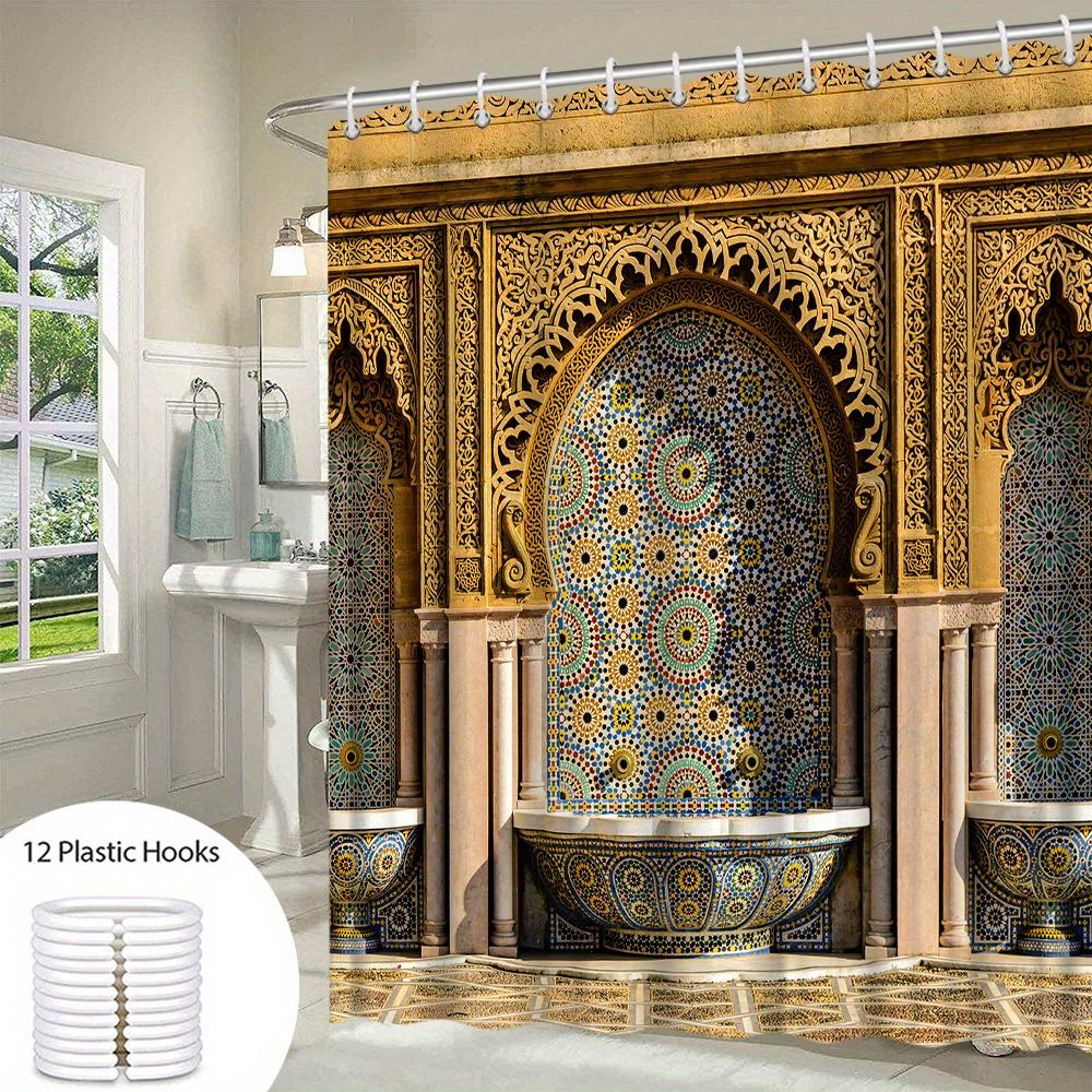 

Shower Curtain: Ornate Moroccan Fountain with intricate Mosaic Tiles for an Exotic and Luxurious Bathroom Decor W90XH180cm