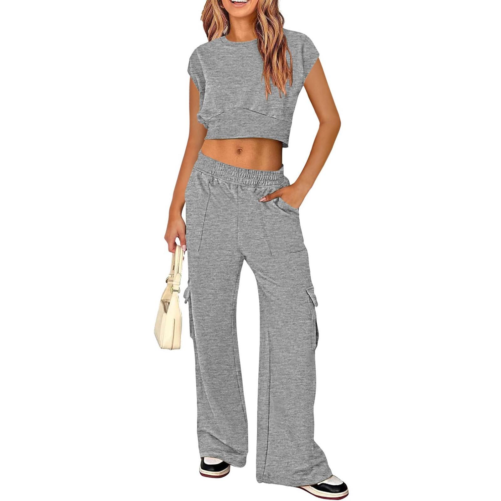 

Женские комплекты из 2 предметов, спортивные костюмы, укороченные топы с короткими рукавами, широкие брюки-карго с карманами XL серый