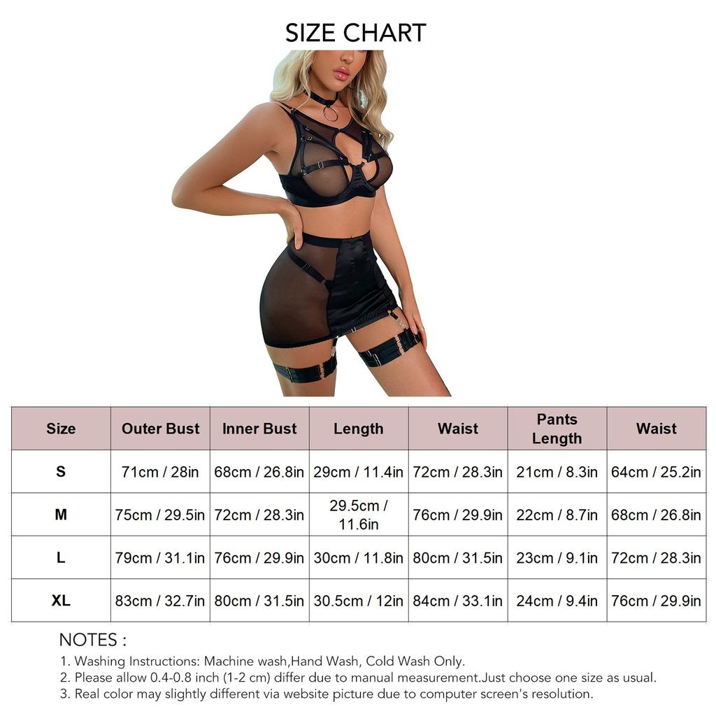 7pcs Women Lingerie Set Hollow Out Garter Belt Leg Loops See Through Mesh Splicing Nightwear Black S