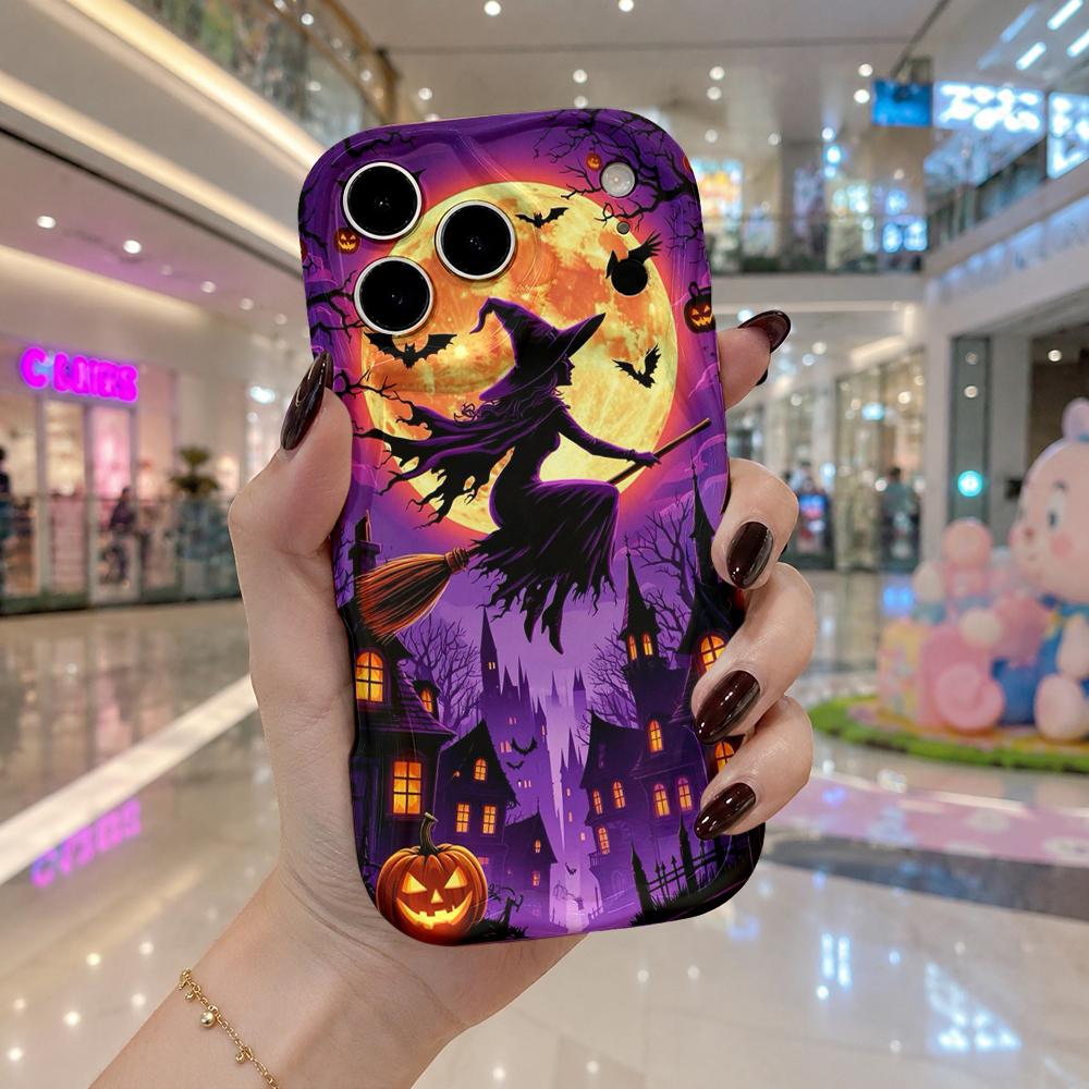 Wavy Edge Phone Case For iPhone 16 15 14 Pro Max 13 12 11 Mini XR XS SE Halloween Flying Witch Castle