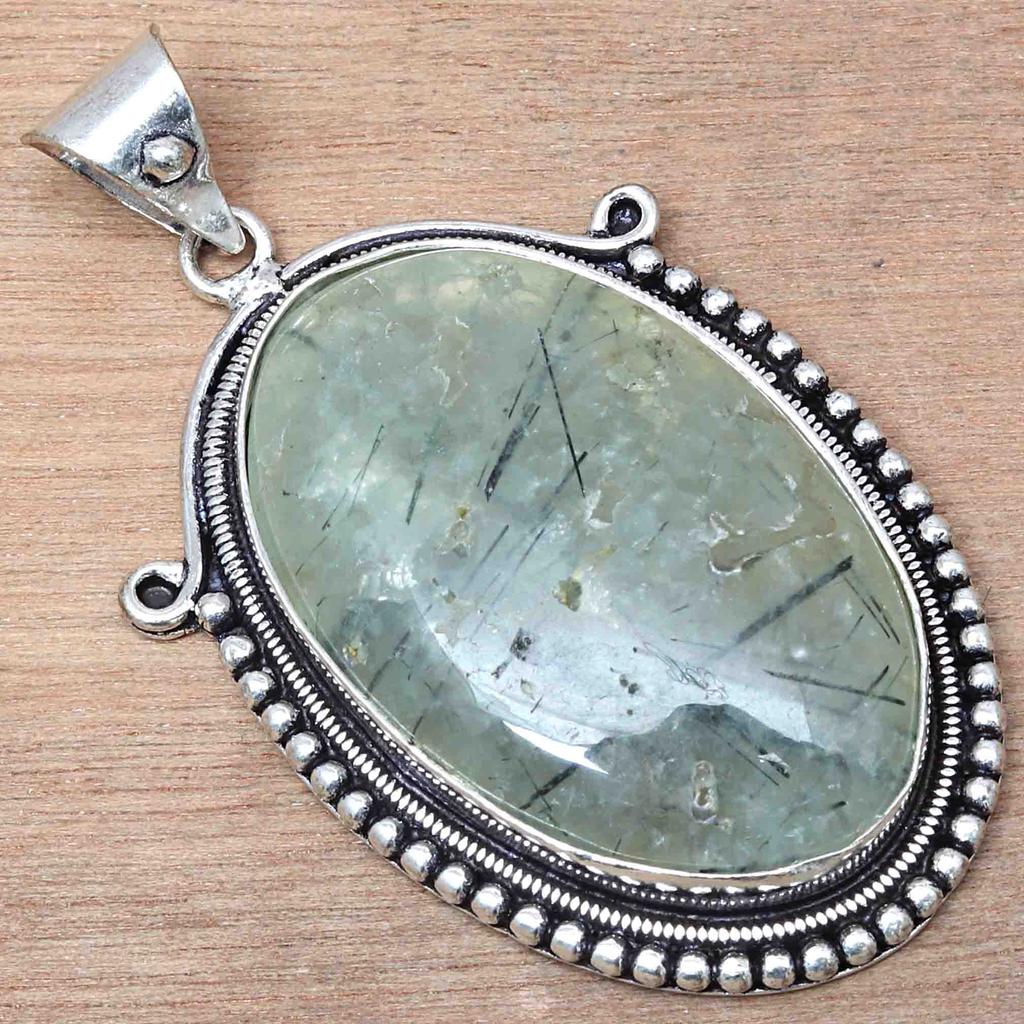 Pendant Prehnite Gemstone Handicraft Valentine'Day Gift Silver Jewelry 2"