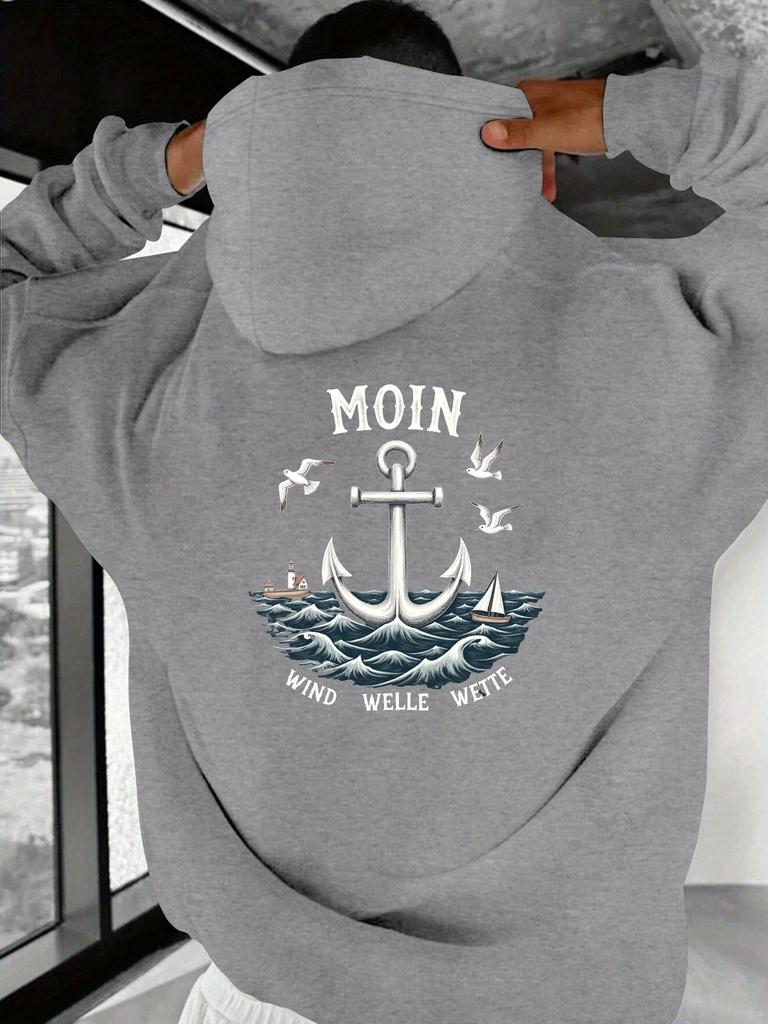 North German Coastal Moin Anchor Ocean Wave Seagull Print Men Hip Hop Sports Hoodie, Wind Welle Wette Nautical Retro Loose Sweatshirt
