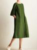 Women's Fashion Casual Crew Neck Medium Sleeve Cotton and Linen Pocket Dress