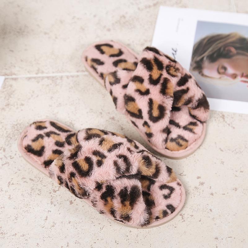New Leopard Pattern Cross Hairy Slippers for Women's Home Indoor Wooden Floor Exposed Toe One Line Dragging Fashion Plush Cotton Slippers