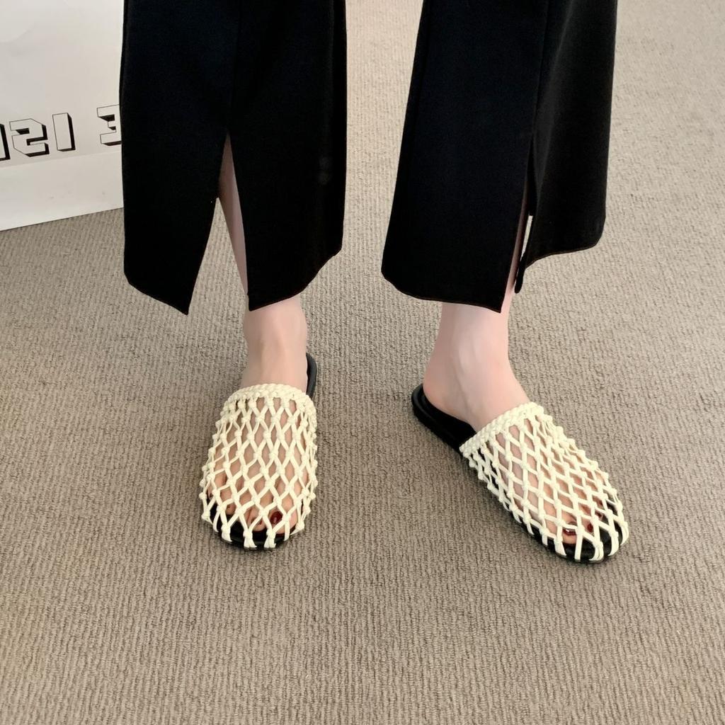 Tempérament Haute Qualité Creux Frais Pantoufles Été Femme Super Feu Mode Filet de Pêche Chaussures Sac Tête Demi-Pantoufles