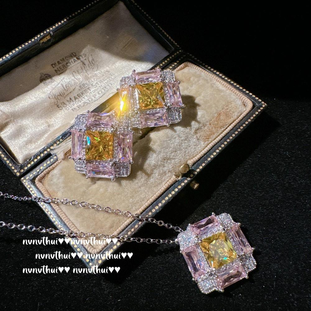 Nvnvthui Papalacha Pink Jewel Necklace, Sotheby'S, 18K Gold Plated, Twilight Yellow Fat Square Zircon Earrings