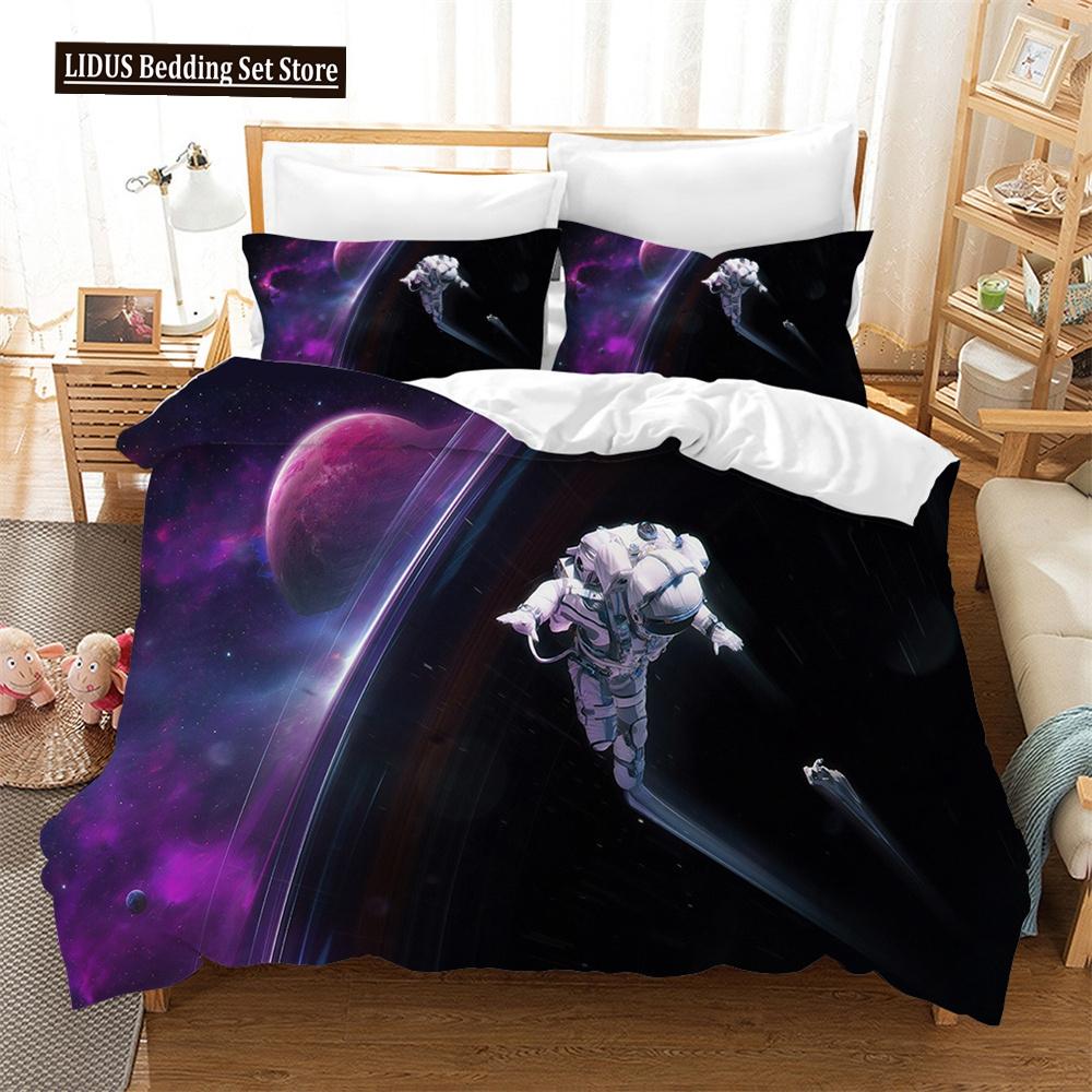 3D Astronaut Duvet Cover Set Galaxy Star Bedding Set Polyester Comforter Cover Girl Kid Bedroom Decor King Size With Pillowcase