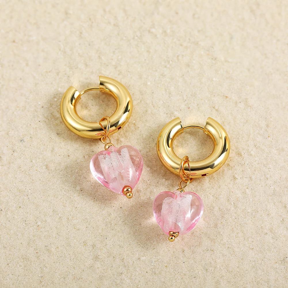 Colorful Glass Heart-shaped Pedant Drop Earrings For Women Stainless Steel Round Circle Hoop Hanging Earring Minimalist Jewelry