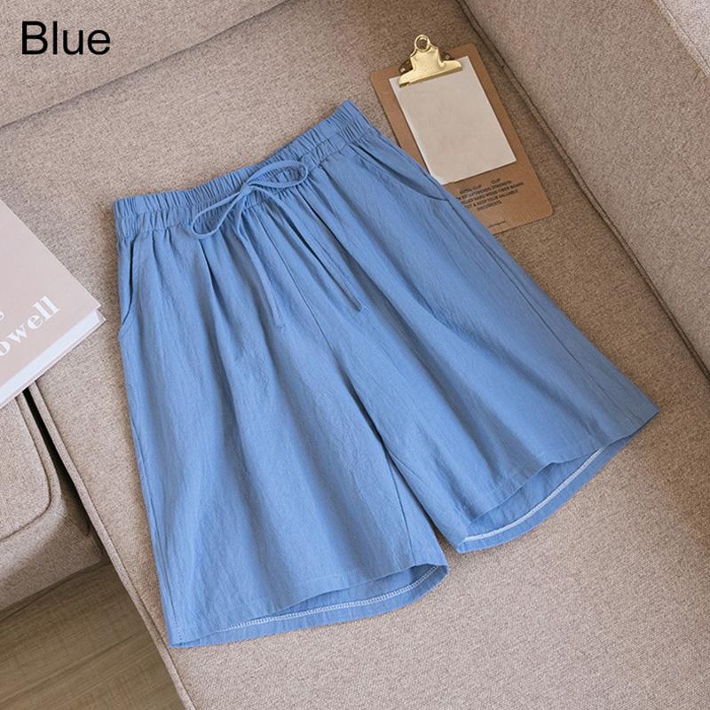 Frauen Einfarbig Elastische Taille Shorts Kordelzug Breite Bein Hosen Sommer Baumwolle Leinen Strand Shorts