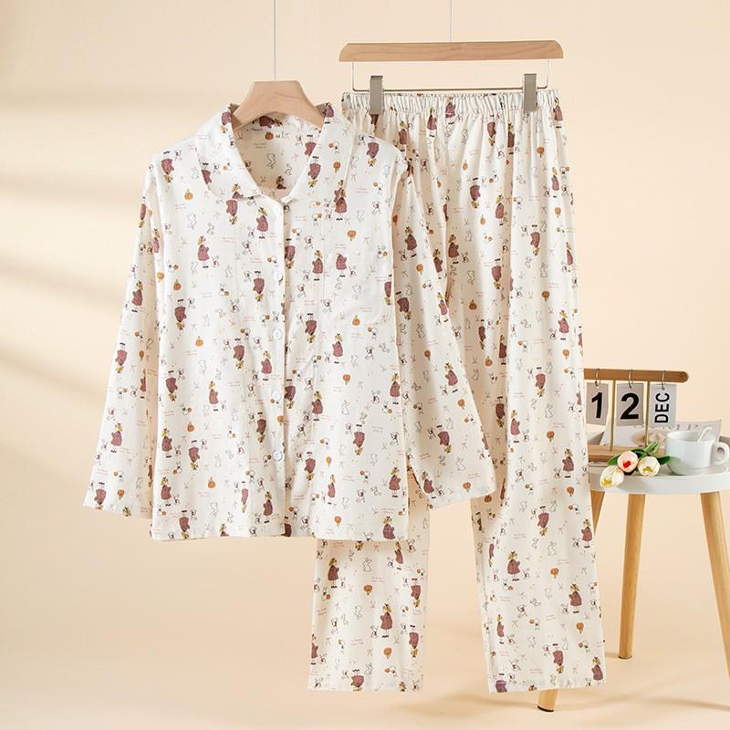 Womens Soft Brushed Cotton Pajama Set Long Sleeve Square Neck Lounge Wear Comfortable Breathable Home Outfit