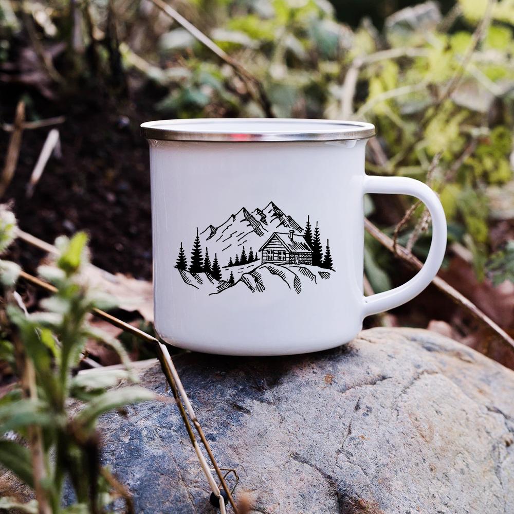 Sunset Forest Creek Creative Enamel Coffee Mugs Outdoor Travel Water Cups Camping Bonfire Party Beer Drink Milk Mug Best Gifts
