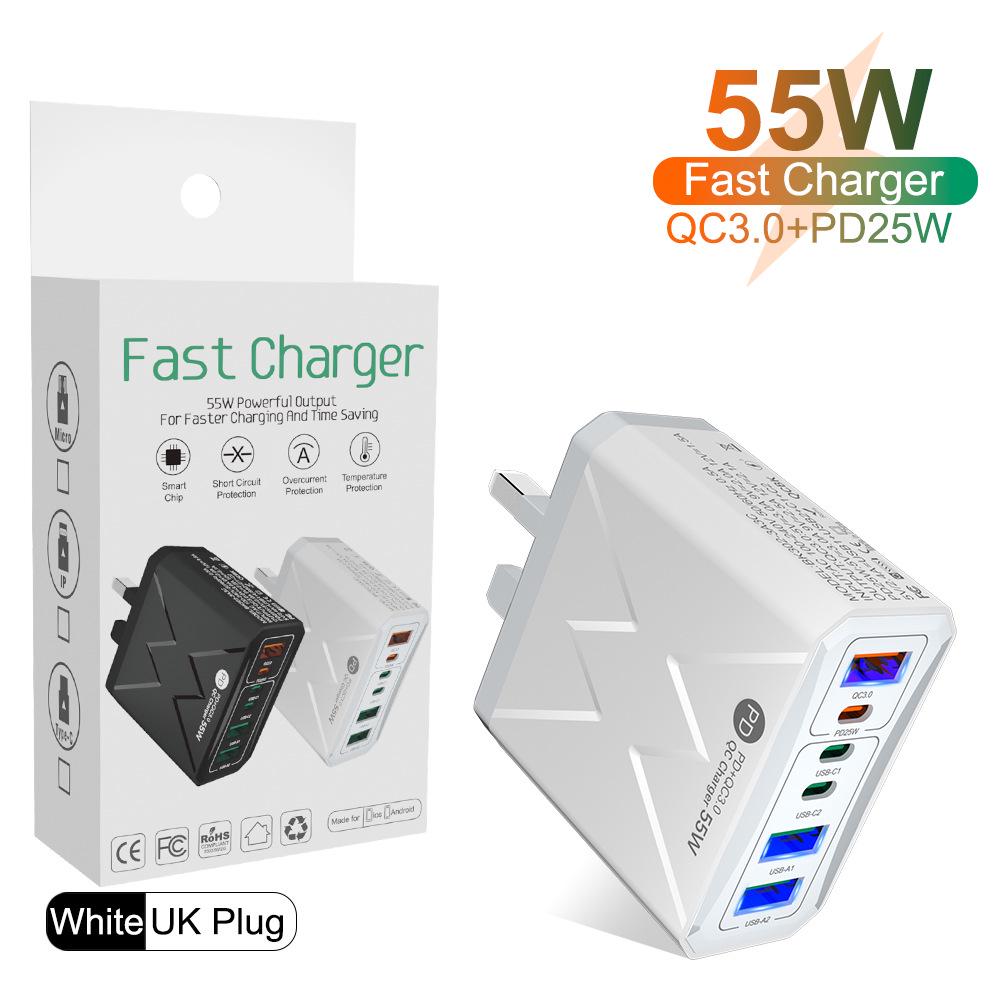 PD 25W 6-Port Fast Charger: 3 USB, 3 PD 55W with QC3.0 – EU, UK, AU Plugs
