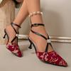 Women's Chinese Style Closed Toe T-Strap Stiletto Heels, Printed Denim Summer Dress Sandals