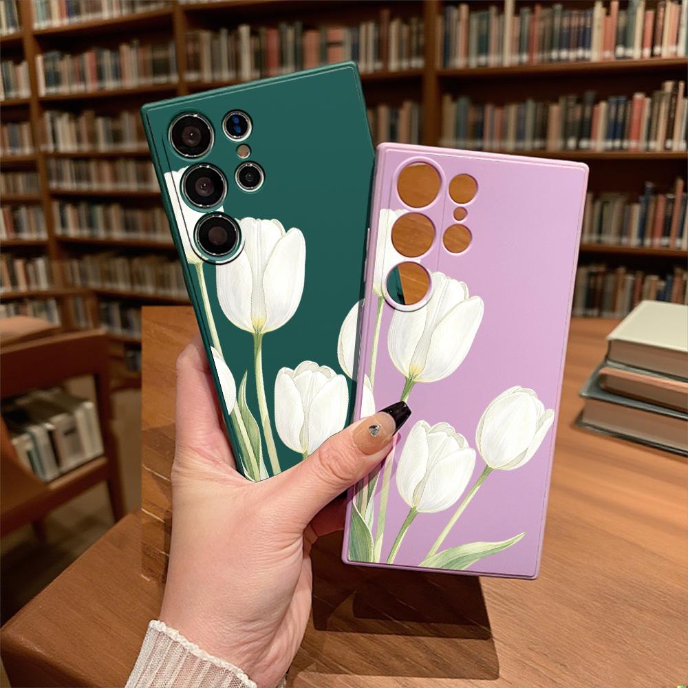 White Tulips Watercolor Slim Fit Phone Case Anti Scratch Drop Protection For Samsung Galaxy S26 S25 S24 Ultra FE A Series
