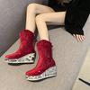 Fashion Boots Women's 2025 Autumn New Plus-size Printed Edge-trimmed Fashion Rhinestone Round-headed Thick-soled High-heeled Ankle Boots