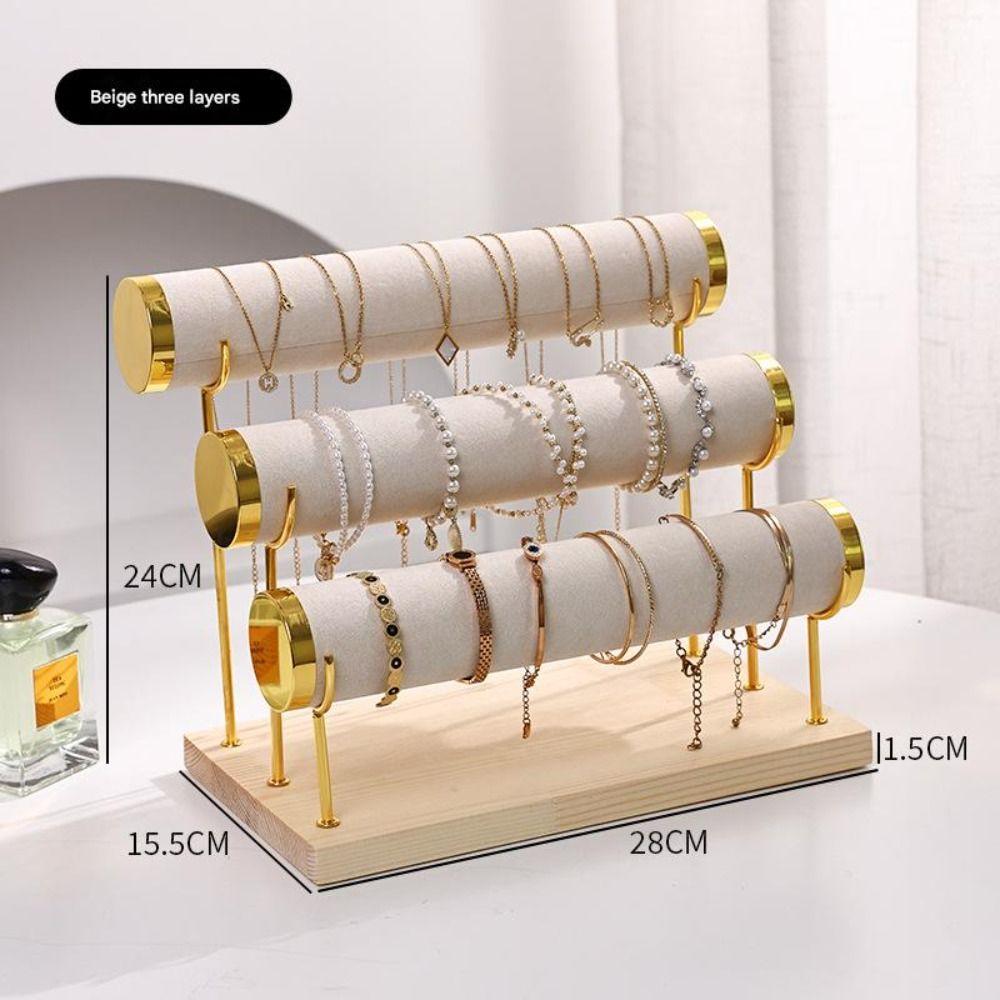 Upgraded 3 Tier Bracelet Organizer Stand Wooden Flannel Wrap Jewelry Display Stand Detachable Metal Necklace Storage Rack Women