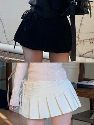 Kaindami Velvet Ribbon Corduroy Pleated Mini Skirt