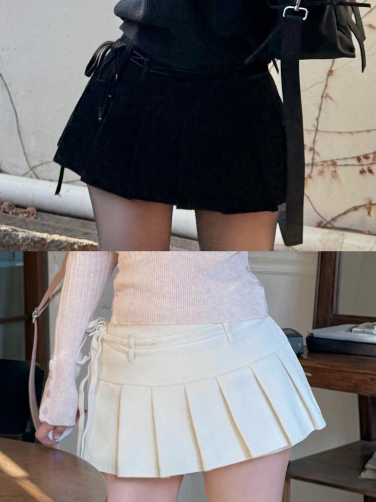 Kaindami Velvet Ribbon Corduroy Pleated Mini Skirt