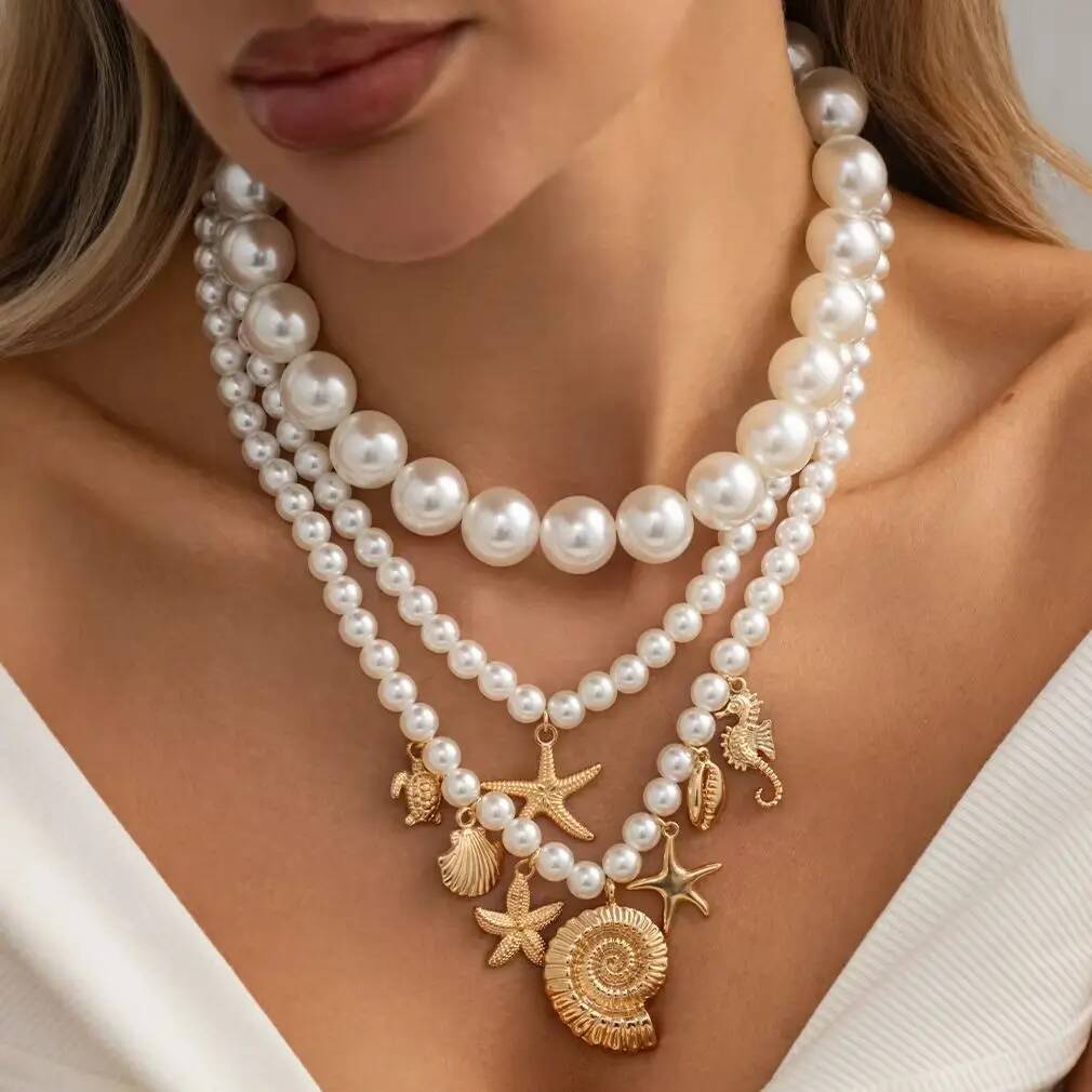 SHIXIN 3Pcs/set Boho Exquisite Imitation Pearl Conch Starfish Pendant Necklace Women Trendy Charm Clavicle Chain Jewelry Gifts