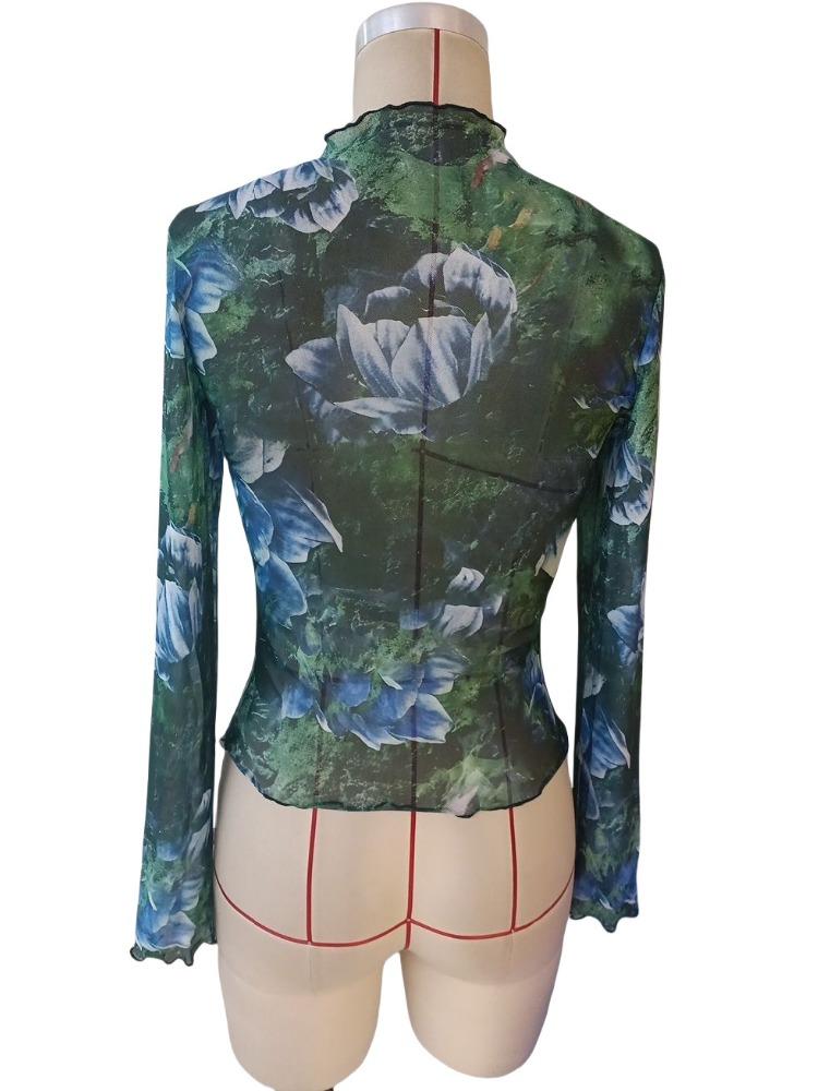 Spring and Summer Elegant Flower Fashion Floral Print Small Stand-up Collar Mesh Wooden Ear Rim Women's Tops Versatile Closet Essential Fashion Shirt