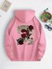 Men's Casual Rose Floral Print Hoodie, Comfortable Drawstring Hoodie, Everyday Comfortable Hoodie, Suitable for Autumn and Winter