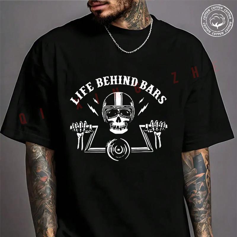 Life Behind Bars Biker Skull Ape Hangers Motorcycle T-Shirt Men's Cotton Summer Casual Short Sl