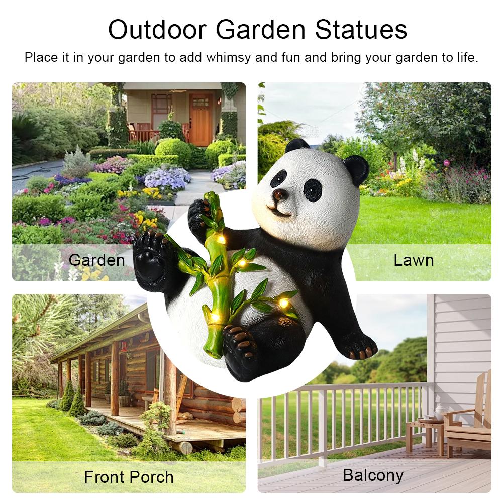 Panda Statue Solar Light Resin Bamboo Statues Waterproof Solar Garden Decor Indoor Outdoor Porch Patio Lawn Yard Decoration b