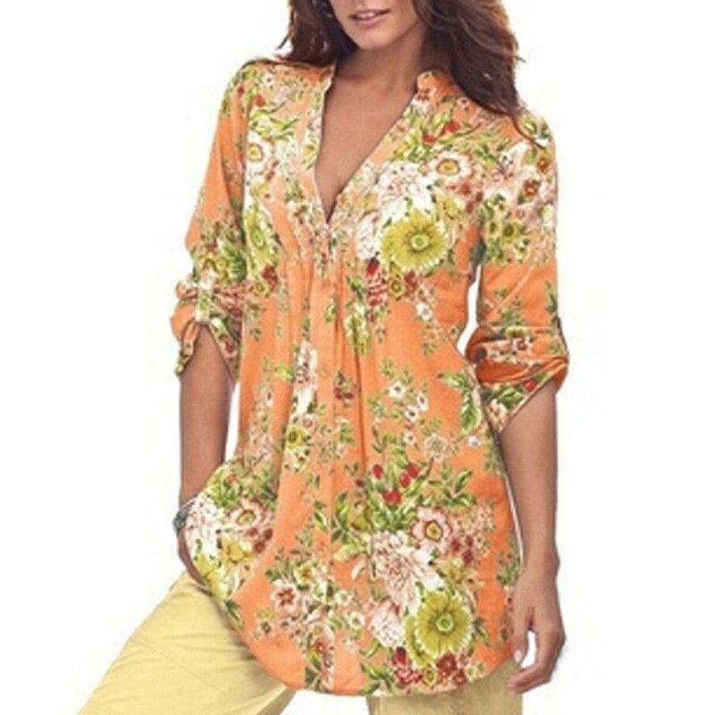 Women Tops Shirt Vintage Floral Print V Neck Tunic Tops Blouse Clothing Gift