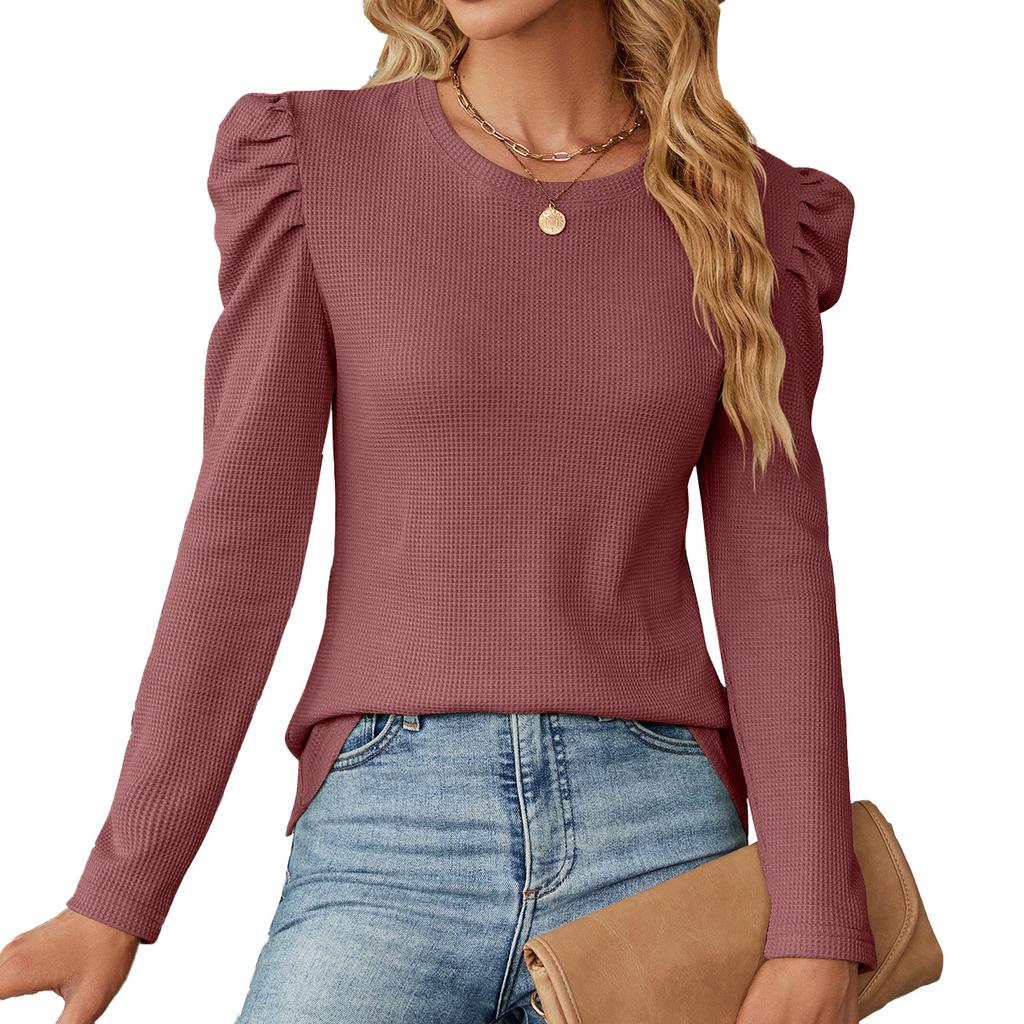 Top alla Moda da Donna Slim Fit a Maniche Lunghe Plissettate Maglietta Versatile Autunnale a Maniche Lunghe da Donna