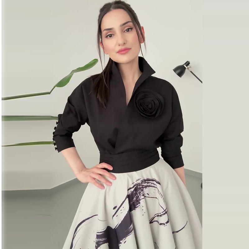 2024 European & American Lace-up Waist-Cinching Short Top & High-Waisted Printed Long Skirt Set