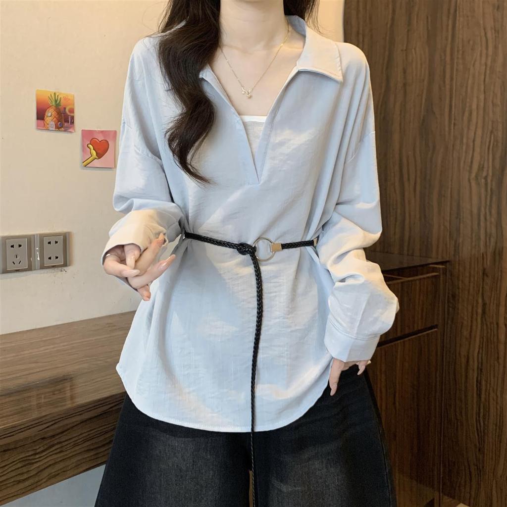 Korean-style V-neck Long-sleeve Shirt for Women, 2026 Spring and Autumn New Model, Versatile for Commuting, Faux Two-piece Top