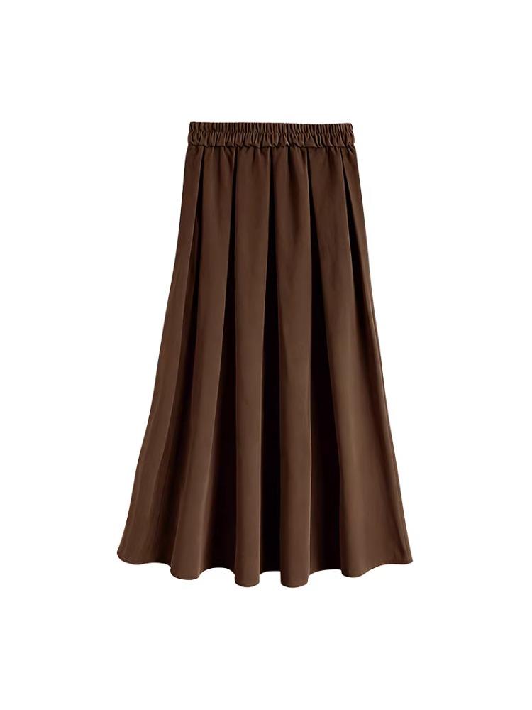 Gray Korean-Style High-Waisted Pleated Midi Skirt for Petite Women: Spring/Autumn A-Line Umbrella Design