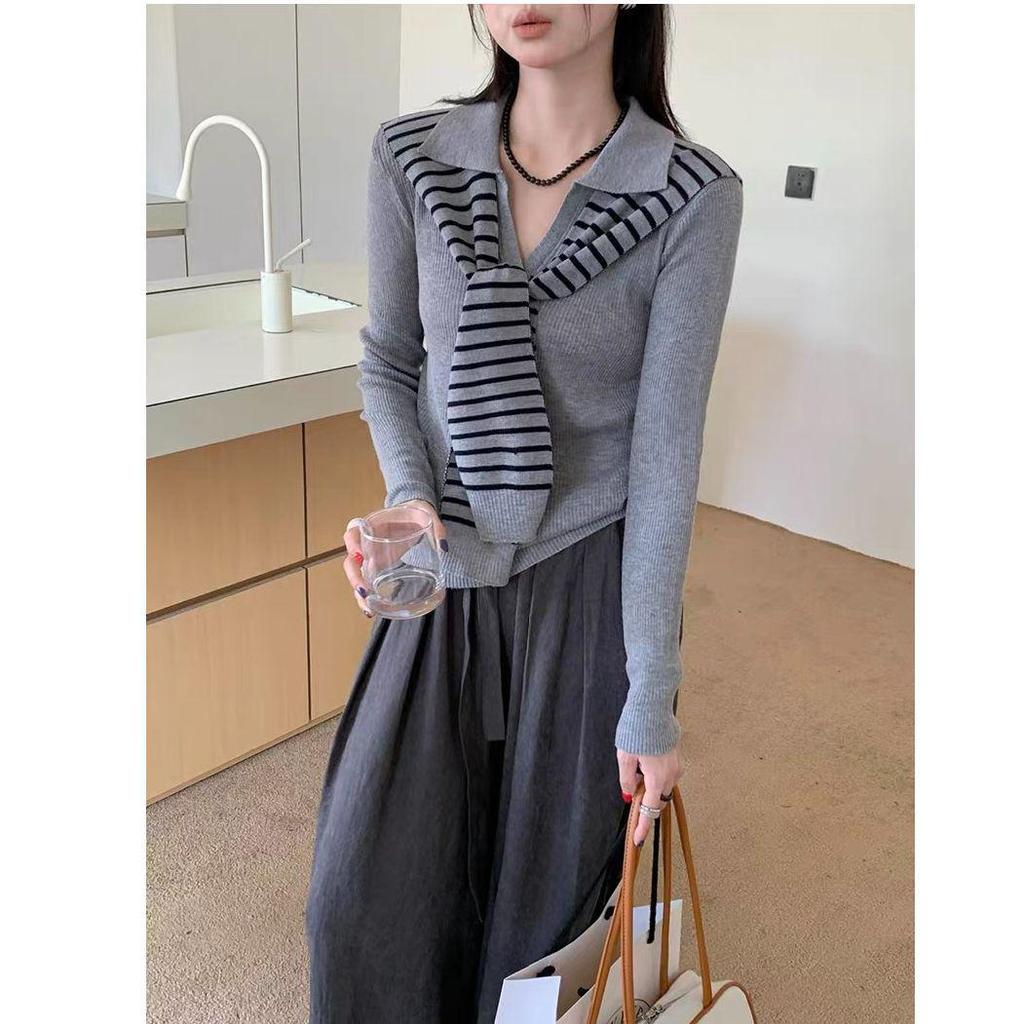 Women's Grey Striped Slim-Fit Long Sleeve Sweater, Autumn 2025 Collection