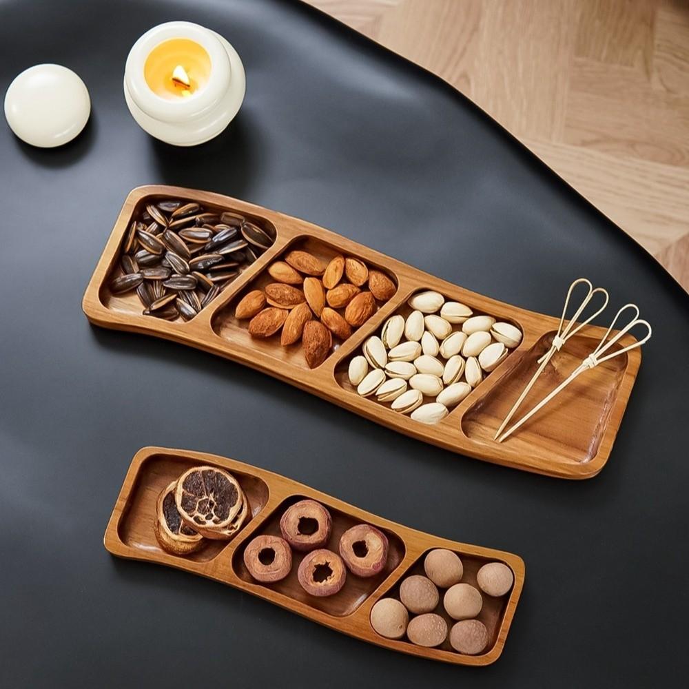 3/4 Compartments Wooden Snack Tray Portable Nut Platter Candies Tray  Living Room