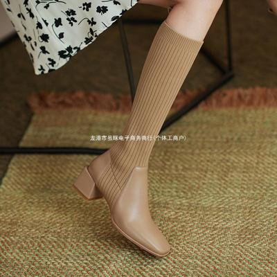 Socks Boots Elastic Thin Boots Soft Leather Retro Women's Spring and Autumn Thick Heel Medium Heel Knitted Thin