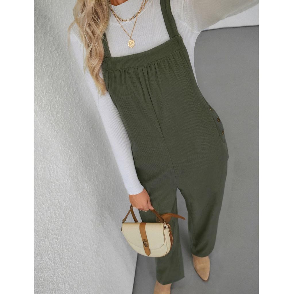 Damski Casualowy Luźny Kombinezon Sztruksowy w Jednolitym Kolorze z Kieszeniami Spodnie Spodnie