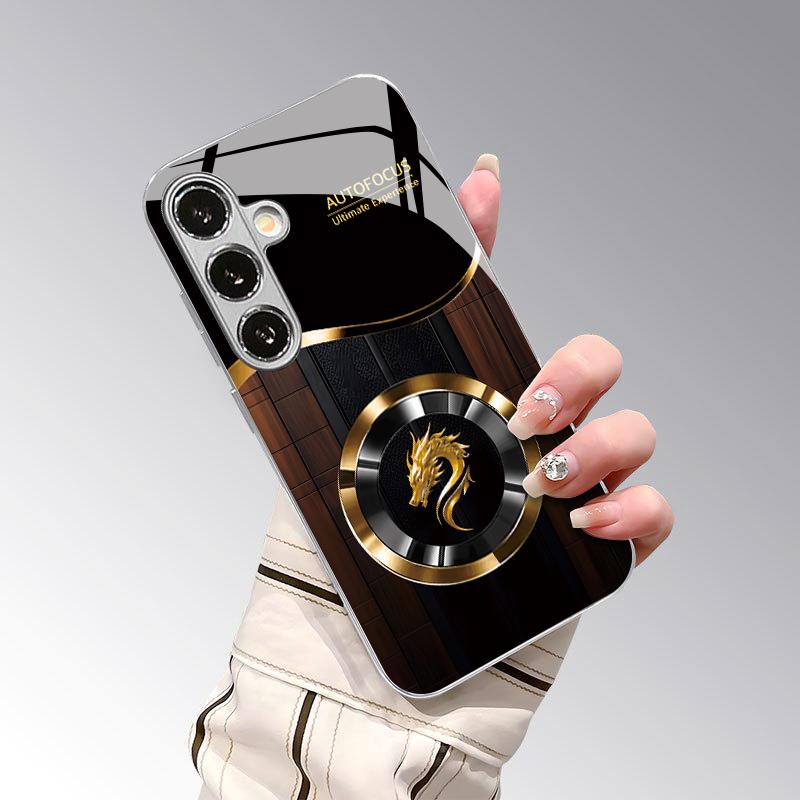 Black Gold Dragon Pattern 2D Phone Case for Samsung S26 S25 S24 S23 S22 S21 S20 A56 A36 A16 Electroplated Glass Protective Cover