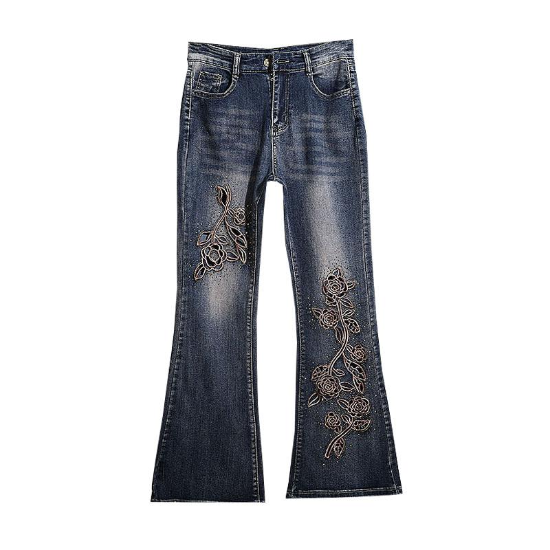 European Station Spring New High Waist Skinny Denim Trousers Women s Rose Embroidered Hollow High Waist Elastic Horn Pants s reference 47.5kg inner темно-синий