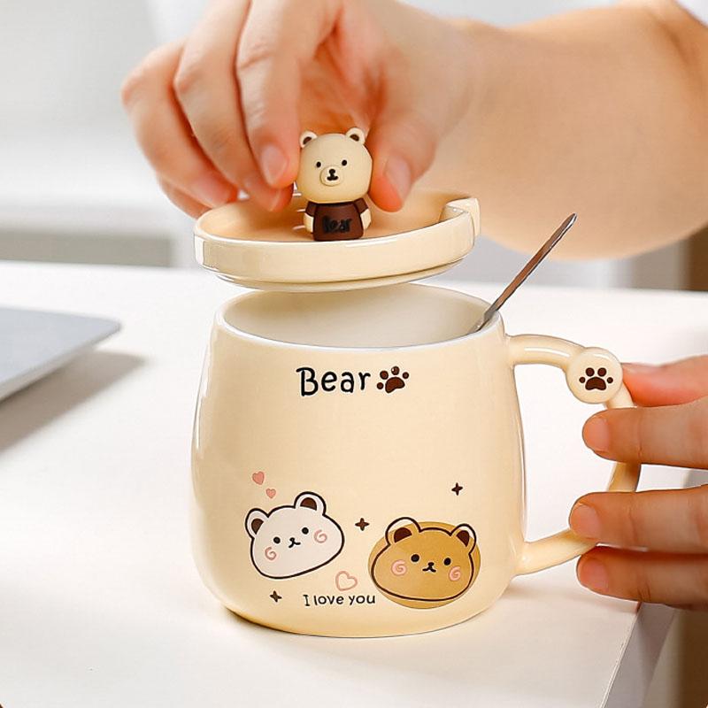 Cute Bear Mugs With Lid Spoon For Women Ceramic Mug Kid Cartoon Milk Mug Coffee Cup Tea Cup Birthday Christmas Gift
