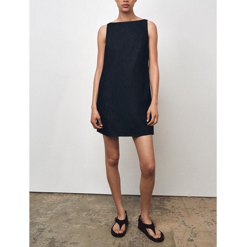 Summer New Retro Elegant Commuter Round Neck Sleeveless Type a Backless Denim Short Dress 5216072