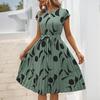 Printed round Neck Lace up Casual Dress Print round Neck Tied Dress
