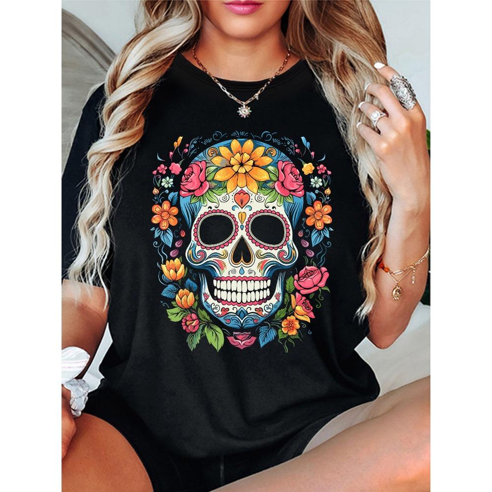 Women's Day of The Dead Skull Print T-Shirt - Casual Crew Neck Short Sleeve Top Machine Washable - Perfect for Spring and Summer
