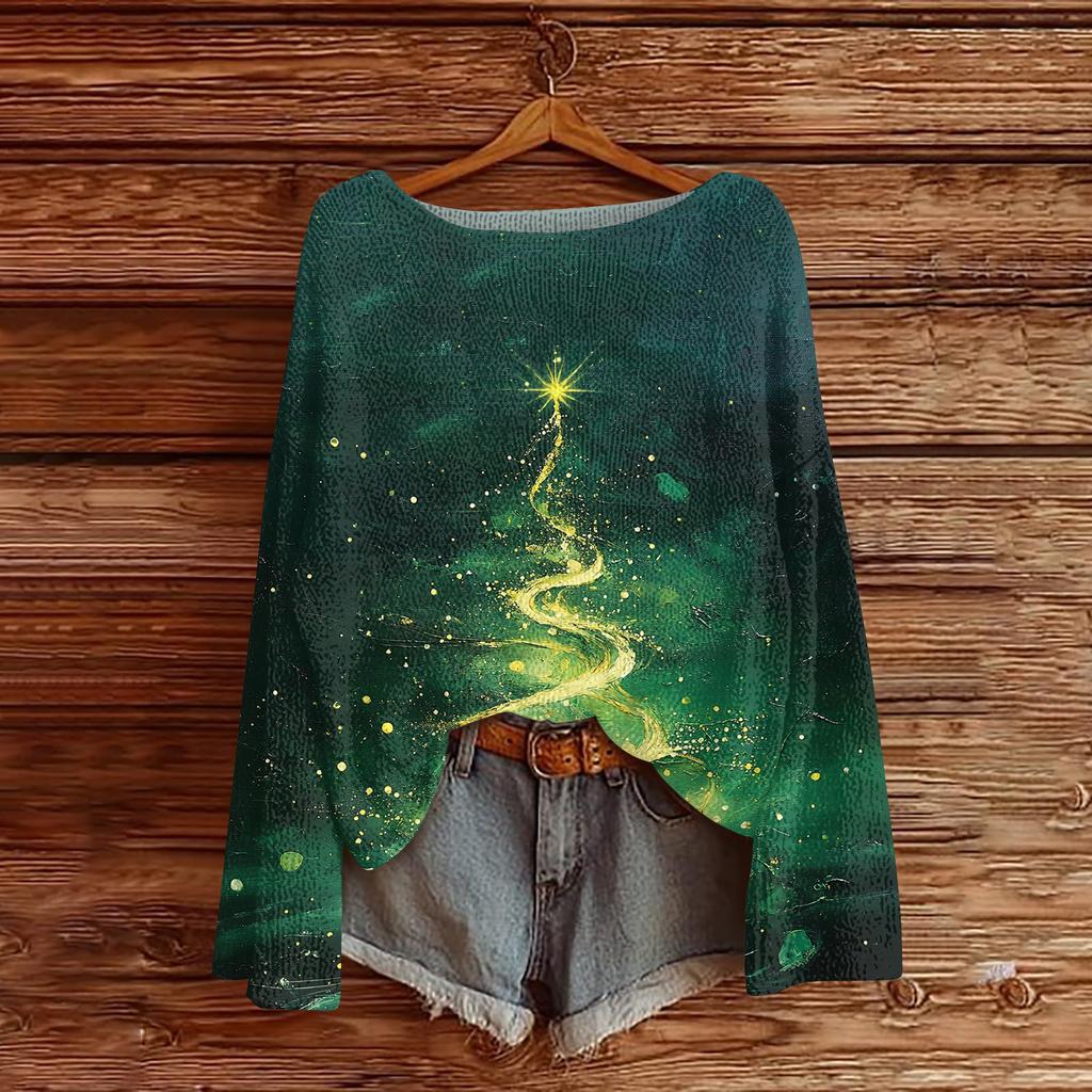 Ladies' Fashionable Casual Long Sleeved Christmas Printed Round Neck Knitted Yarn