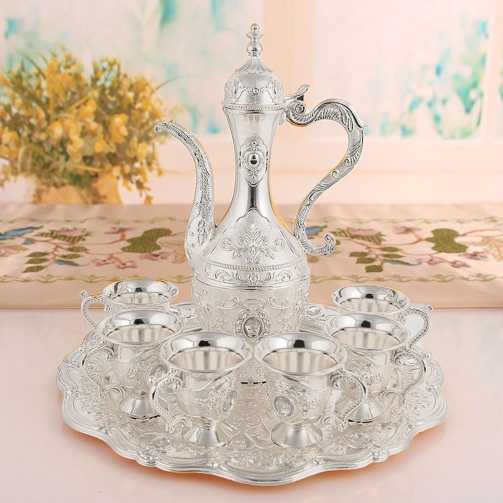 8pcs Zinc Alloy Coffee Pot Set With Tray Metal Tea Cup Set Tea Sets Wine Glass Pot Set  For Tea Time серебряный
