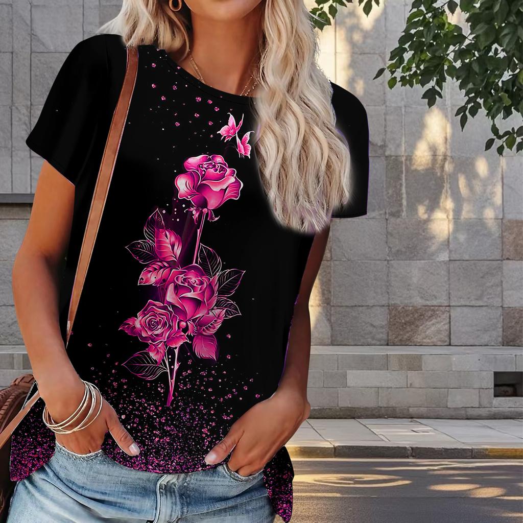 Damen Sommer T-Shirt Blumendruck Retro Mode Kurzarm T-Shirts Casual Printed Tops