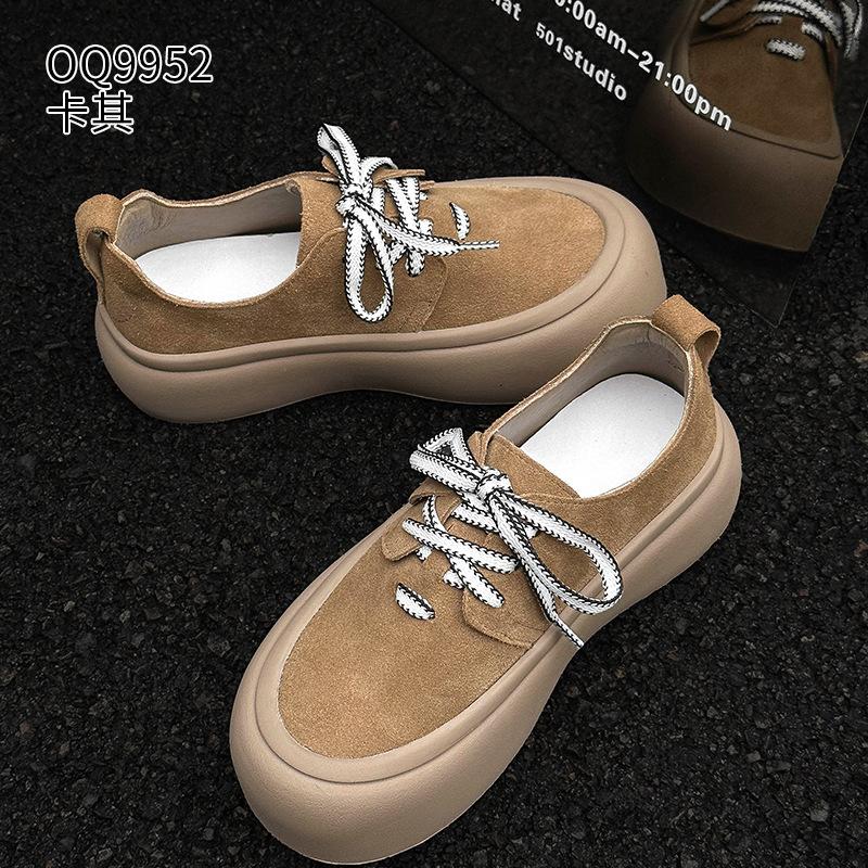 

Frosted leather bread shoes spring and autumn ins tide thick sole ugly cute casual board shoes 35 хаки