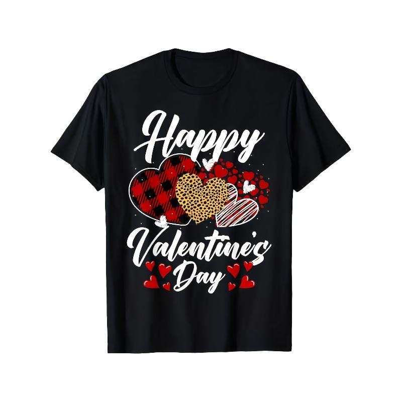 

European sizes Happy Valentine S Day Hearts With Leopard Plaid Valentine T-Shirt One Side Print Short Sleeve Valentine S Day Gifts 4XL чорний