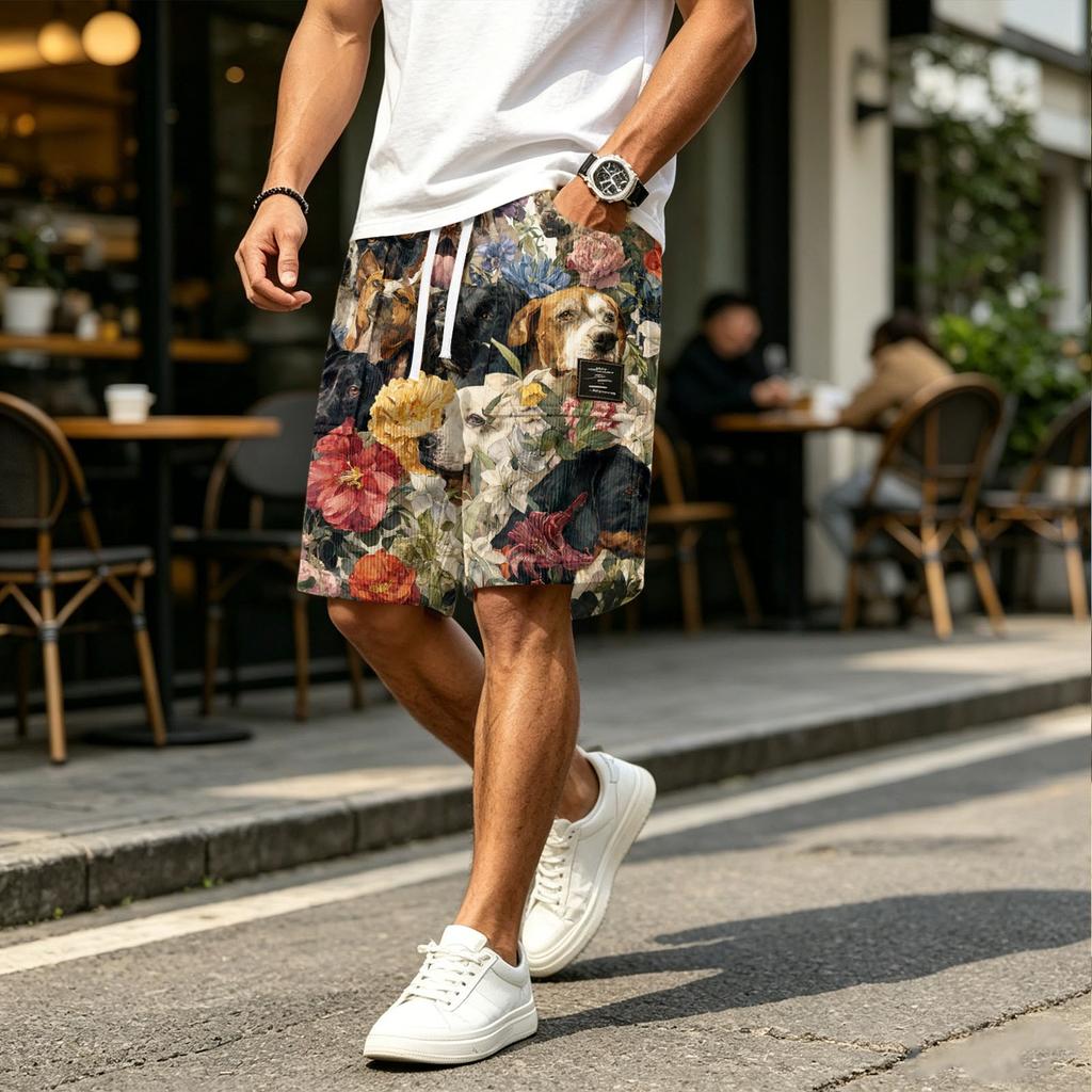 Men's Casual Corduroy Drawstring Shorts Hawaiian Style Floral Dog Print Lightweight Comfortable Fit Summer Beachwear