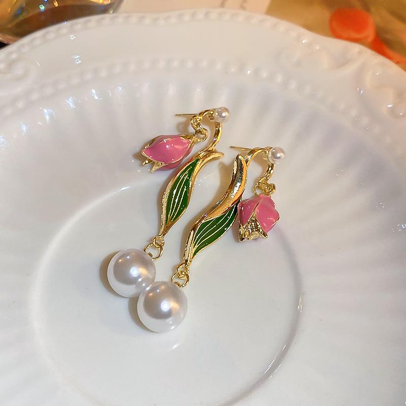 

Срібні сережки з діамантами та рожевими квітами - Ніжний солодкий дизайн у стилі Морі для жінок