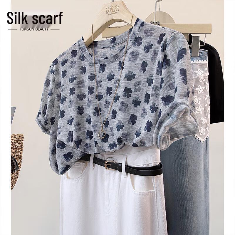 Sibaishe Women s Floral Print Round Neck T-Shirt One Size